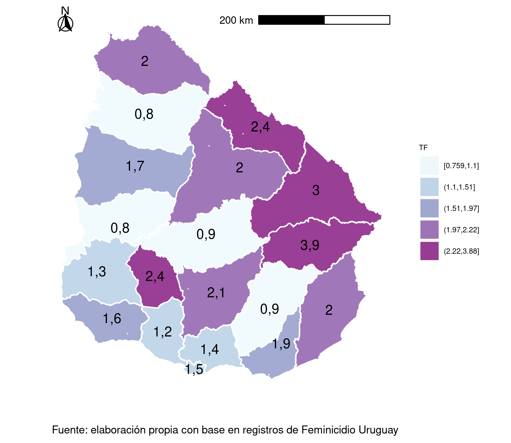 Tasa de feminicidios promedio por departamento (2001-2019)